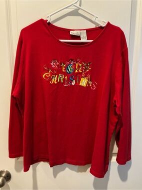 Kim Rogers Red Long-Sleeve 'Merry Christmas' Embroidered Tee